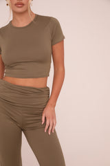 Khaki Round Neck Cropped Top & Flared Leg Trousers Co-ord - Charlett