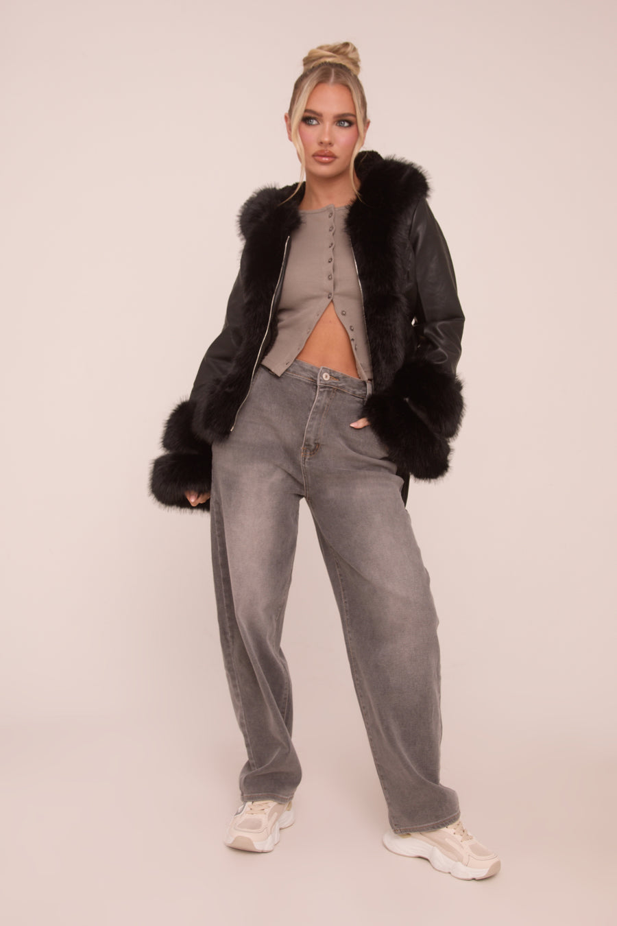 Black Faux Leather Fur Trim Jacket - Casey