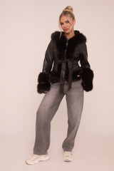 Black Faux Leather Fur Trim Jacket - Casey