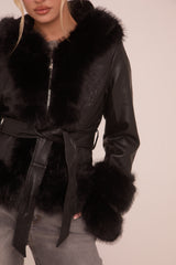 Black Faux Leather Fur Trim Jacket - Casey