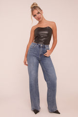 Black Faux Leather Corset Detail Crop Top - Lorene