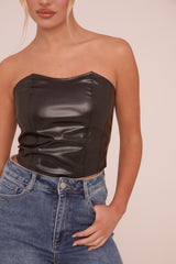 Black Faux Leather Corset Detail Crop Top - Lorene