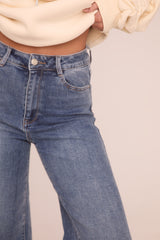 Mid Blue Stretch High Waist Wide Leg Jeans - Avalon