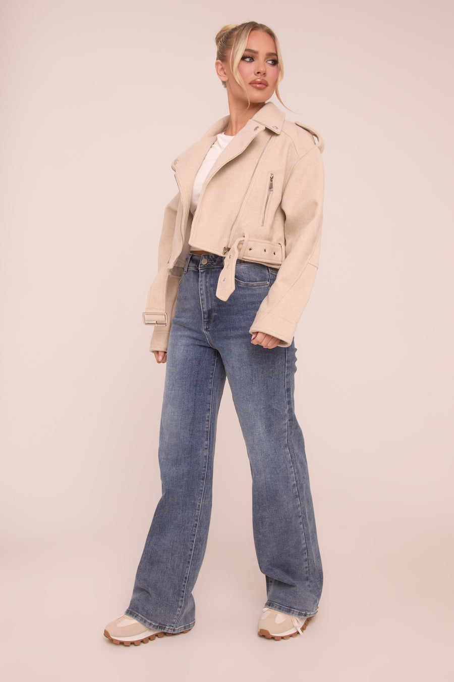 Beige Zip Detail Brushed Biker Jacket - Alisha