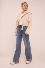 Beige Zip Detail Brushed Biker Jacket - Alisha
