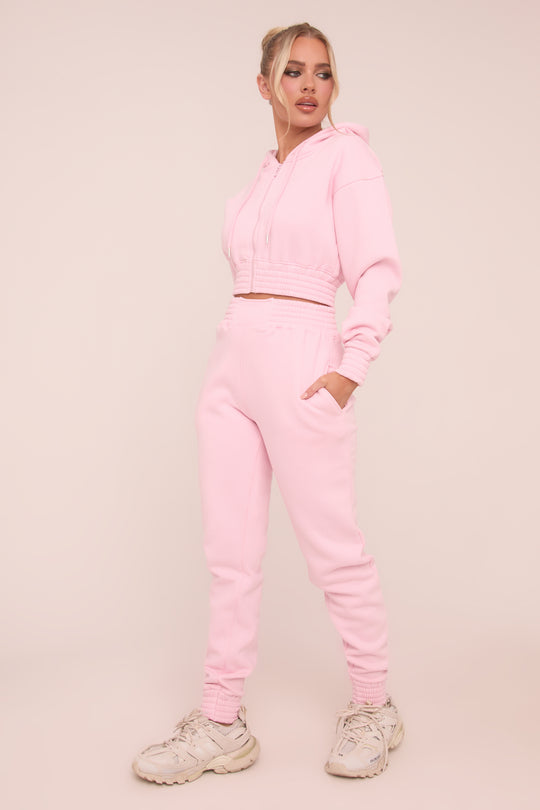 Pink Zip Front Elasticated Detail Loungewear Co-ord Set - Carmel