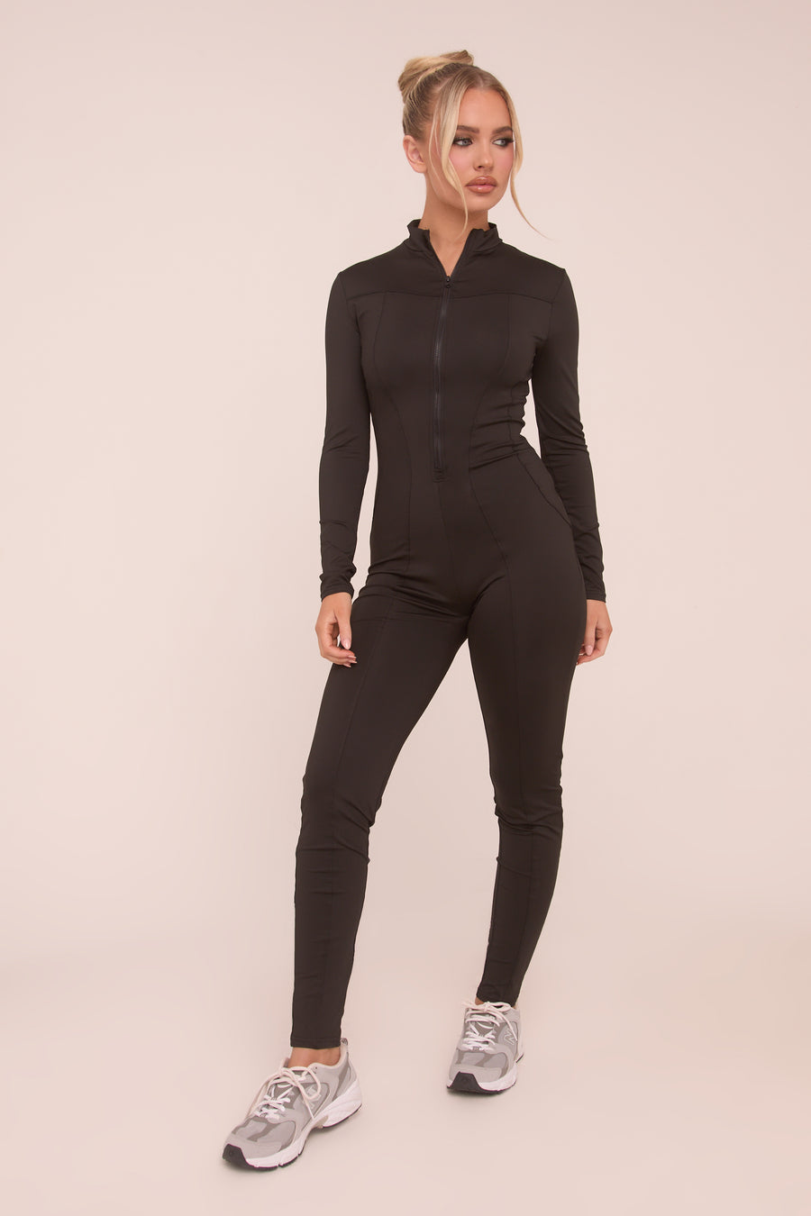 Black Zip Front Long Sleeve Jumpsuit - Whitney