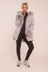 Grey Faux Fur Trim Longline Puffer Jacket -  Candy
