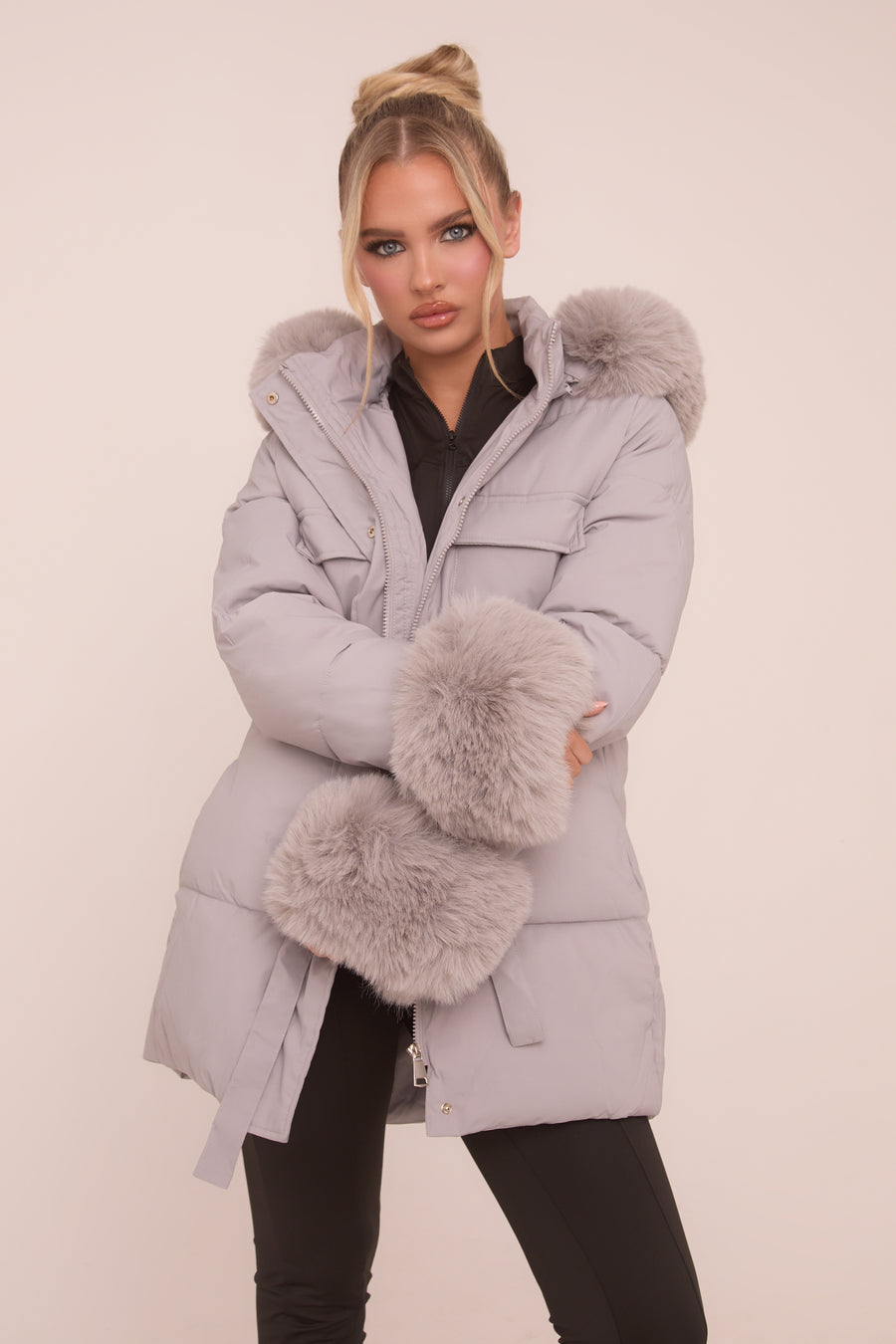 Grey Faux Fur Trim Longline Puffer Jacket -  Candy