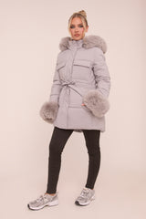 Grey Faux Fur Trim Longline Puffer Jacket -  Candy