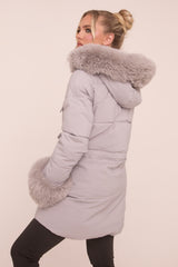 Grey Faux Fur Trim Longline Puffer Jacket -  Candy
