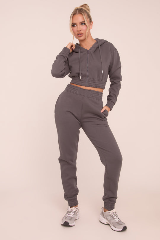Grey Zip Front Elasticated Detail Loungewear Co-ord Set - Carmel