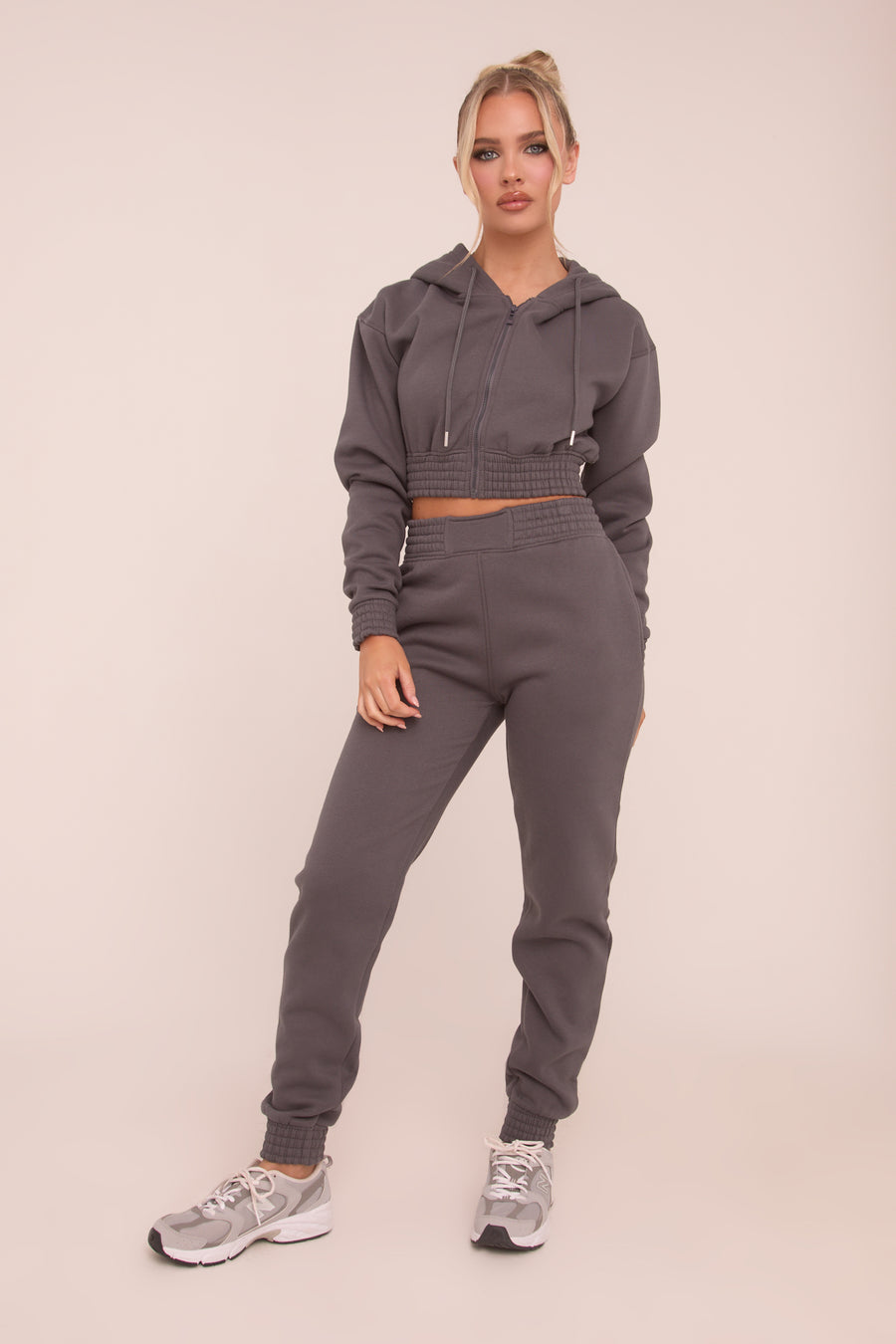 Grey Zip Front Elasticated Detail Loungewear Co-ord Set - Carmel