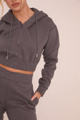 Grey Zip Front Elasticated Detail Loungewear Co-ord Set - Carmel