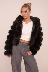 Black Faux Fur Hooded Cropped Coat - Adriel