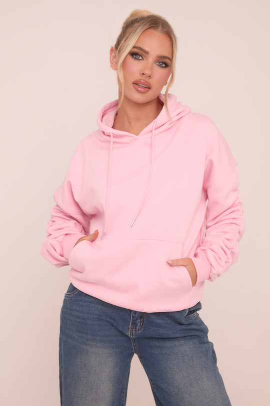 Pink Ruched Sleeve Oversized Hoodie - Lorna