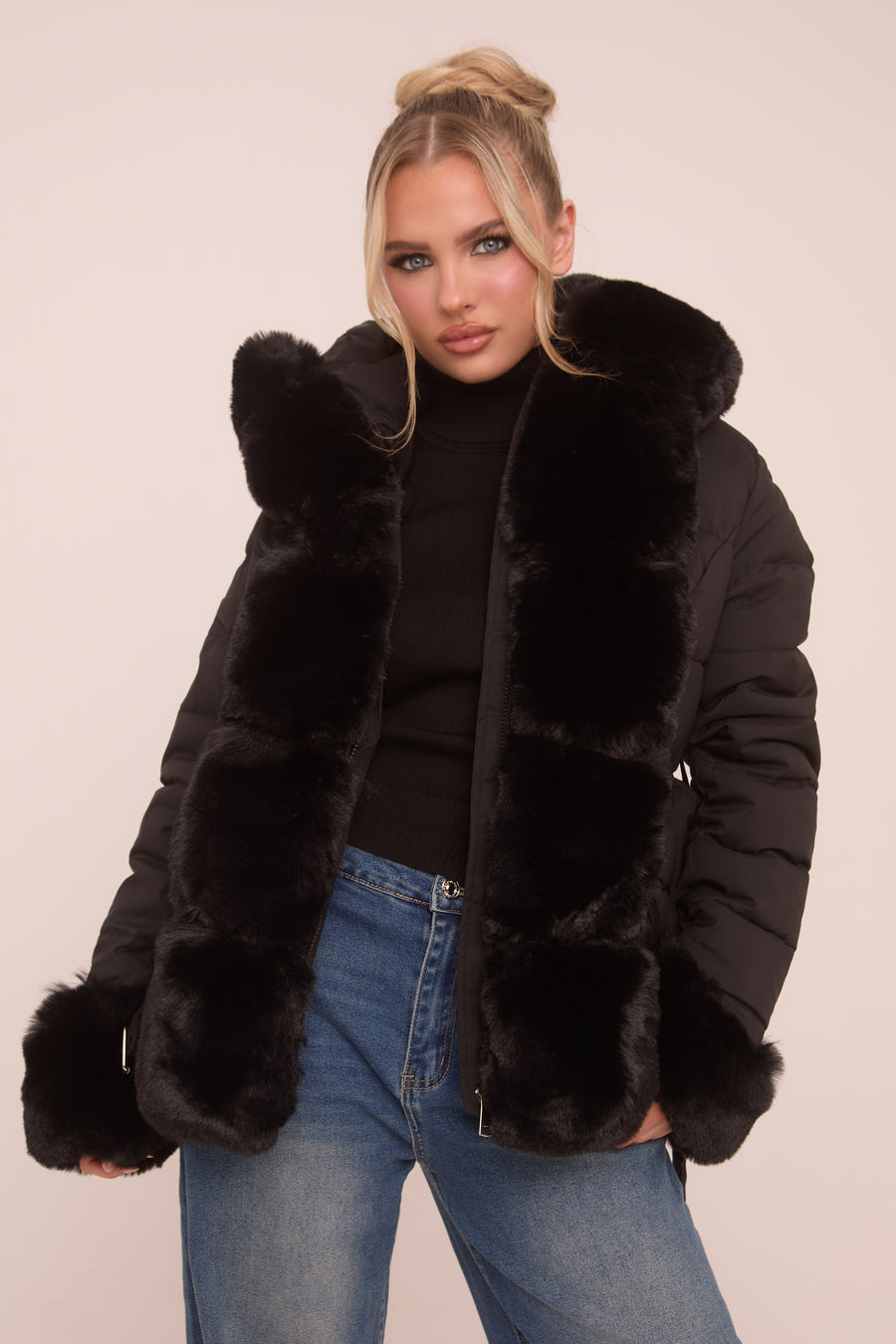 Black Faux Fur Trim Hooded Puffer Jacket - Betty