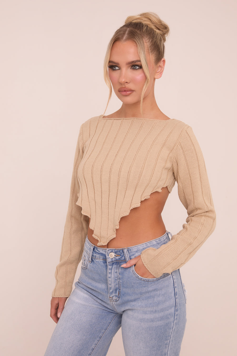 Beige Knit Asymmetric Hem Cropped Jumper - Prima