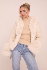 Beige Faux Leather Fur Trim Jacket - Casey