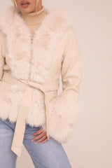 Beige Faux Leather Fur Trim Jacket - Casey