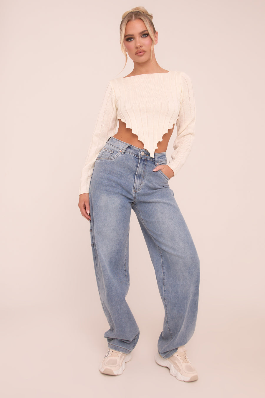 Mid Blue Stretch Wide Balloon Leg Jeans - Addison