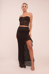 Black Lace Bandeau Crop Top & Frill Detail Skirt Co-ord Set - Thelma