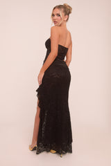 Black Lace Bandeau Crop Top & Frill Detail Skirt Co-ord Set - Thelma