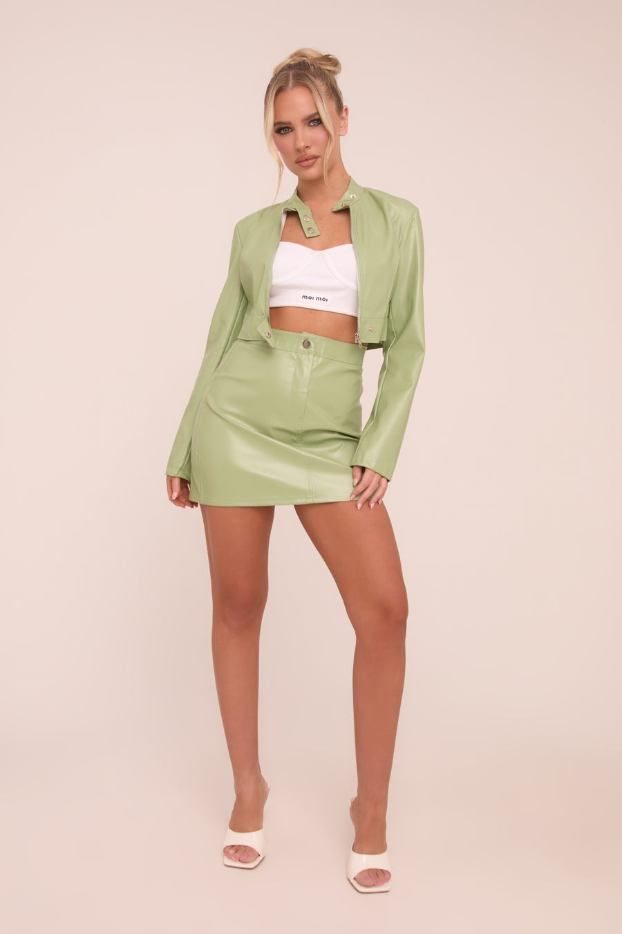 Sage Faux Leather Zip Detail Top & Mini Skirt Co-ord Set - Dora