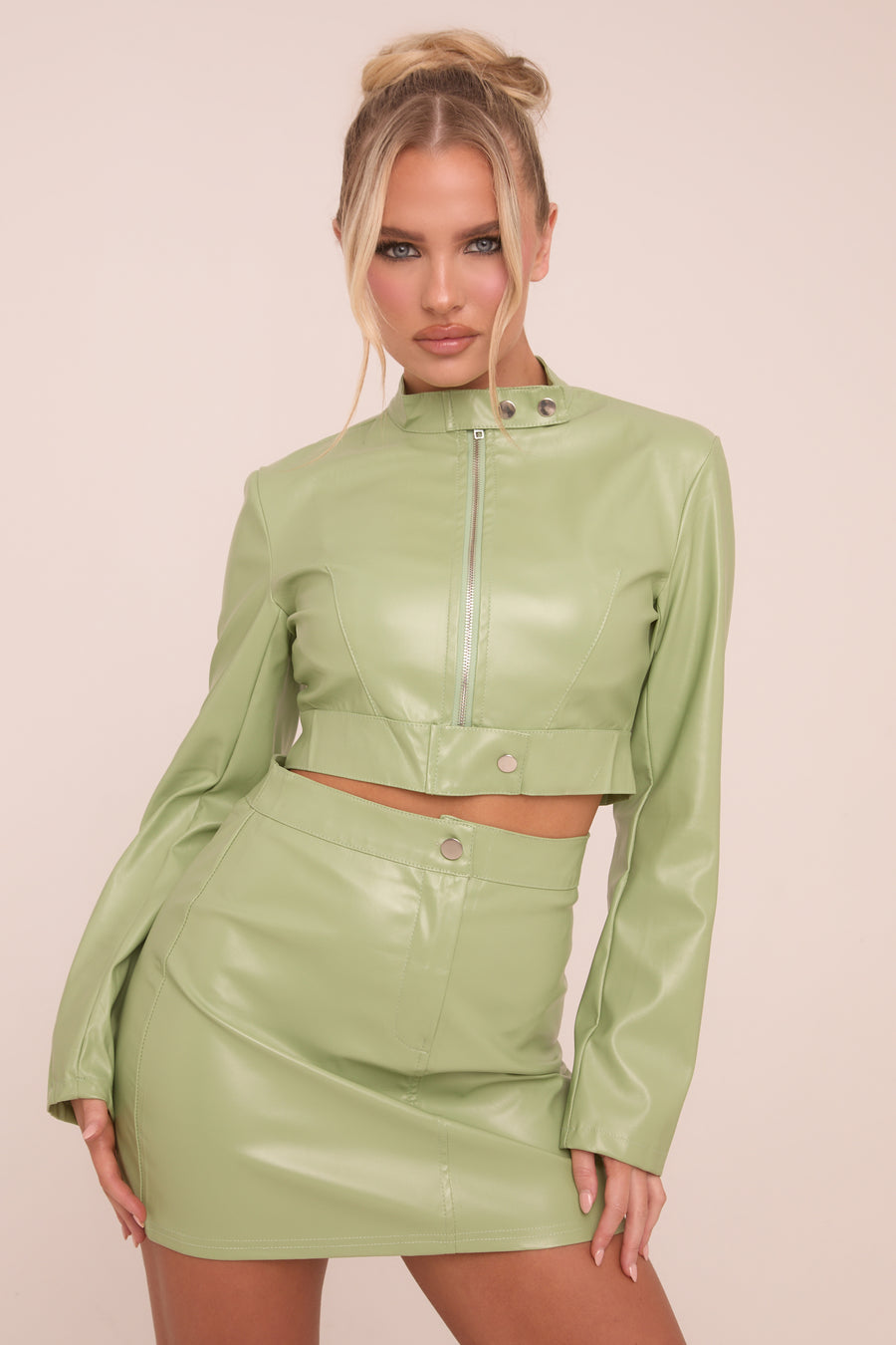 Sage Faux Leather Zip Detail Top & Mini Skirt Co-ord Set - Dora