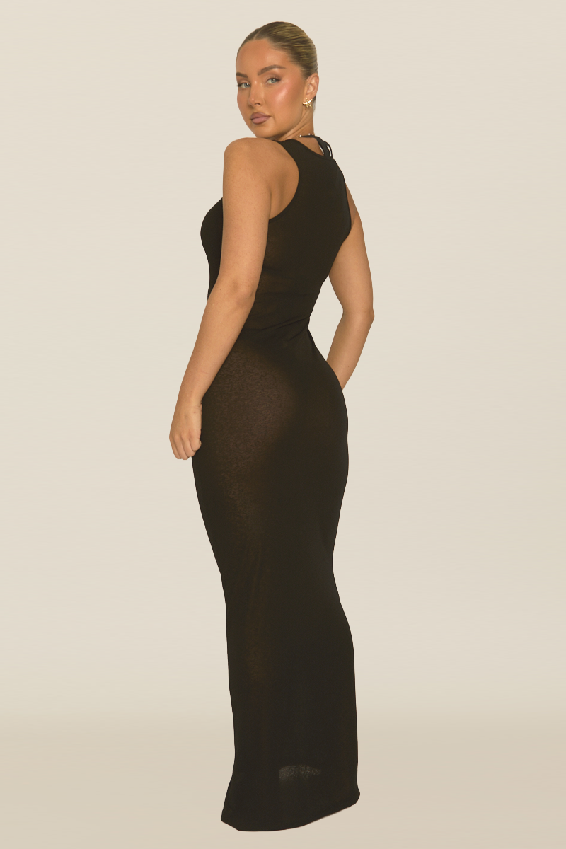 Black Semi Sheer Racer Maxi Beach Dress - Atla