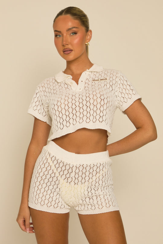 Cream Crochet Logo Detail Short Sleeve Top and Shorts Set - Rubena