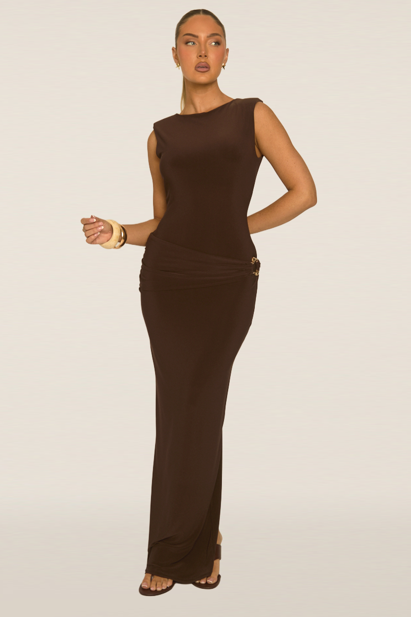 Chocolate Gold Trim Detail Sleeveless Maxi Dress - Demza