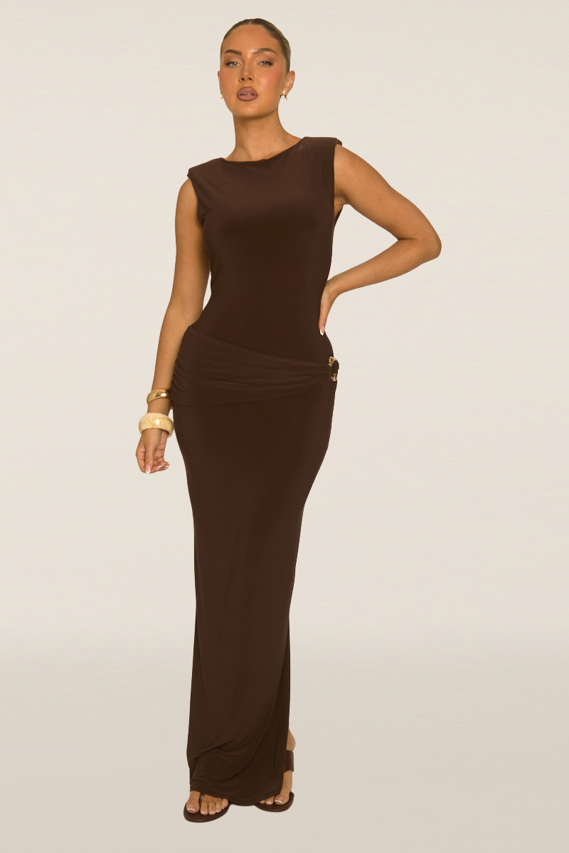 Chocolate Gold Trim Detail Sleeveless Maxi Dress - Demza