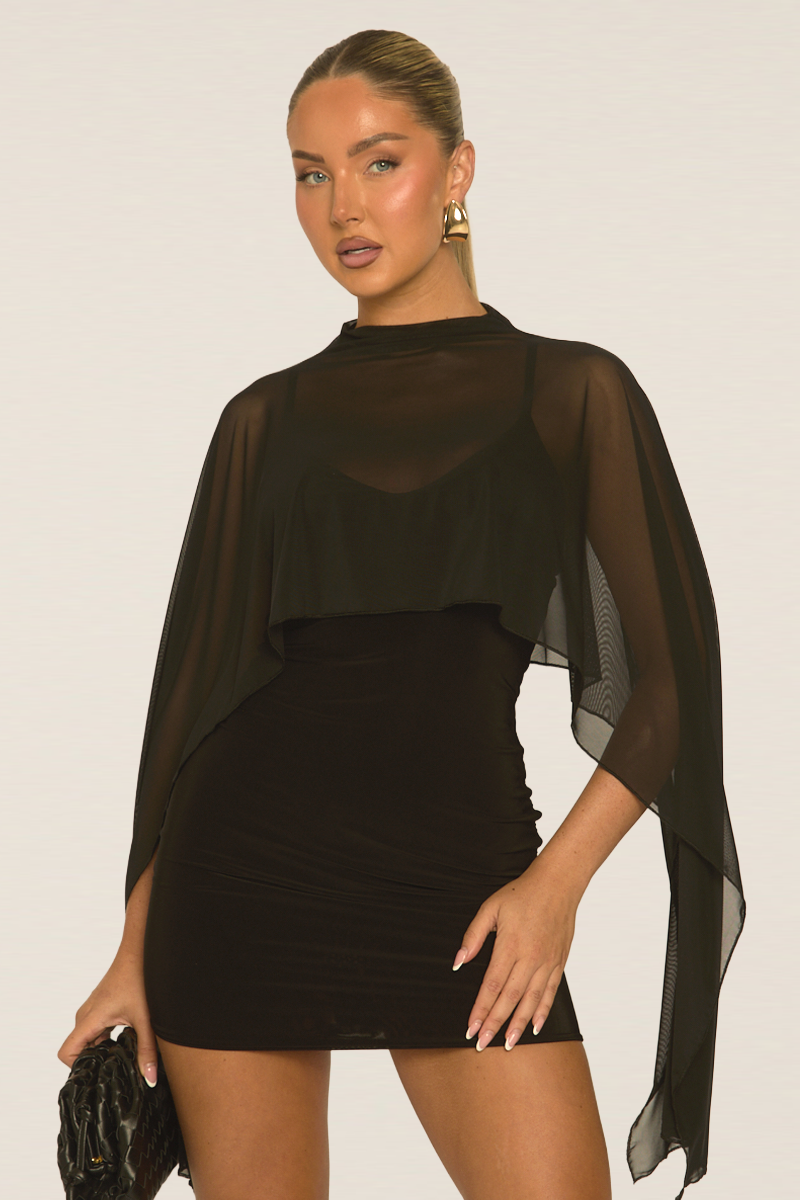 Black Cape Detail Mini Dress - Lorren