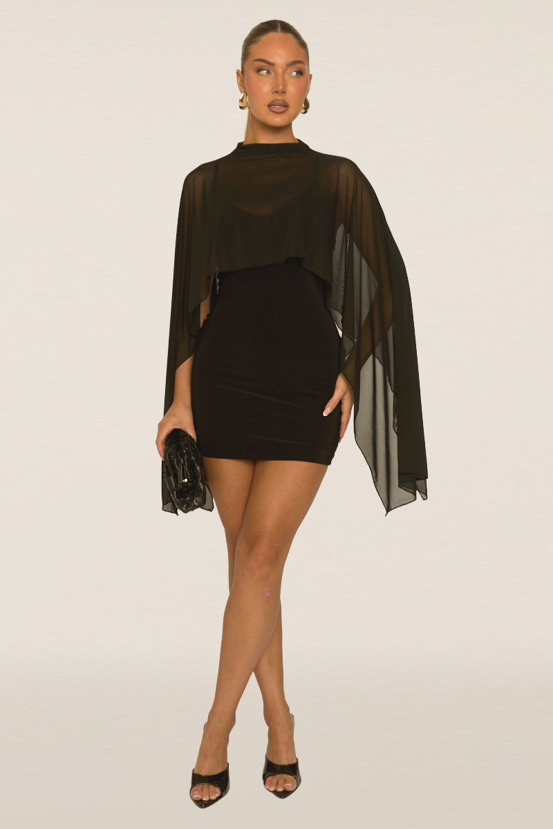 Black Cape Detail Mini Dress - Lorren