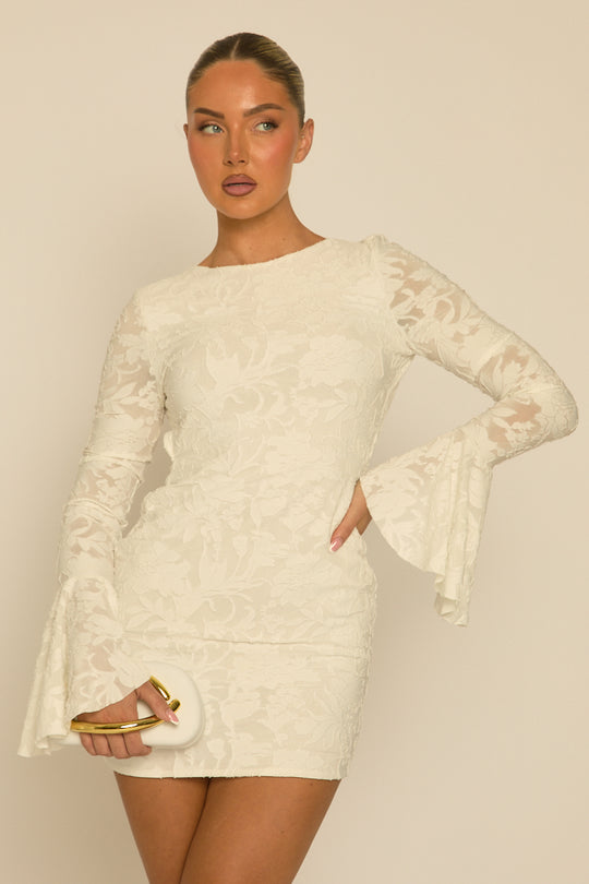 White Burnout Floral Flare Sleeve Mini Dress - Macey