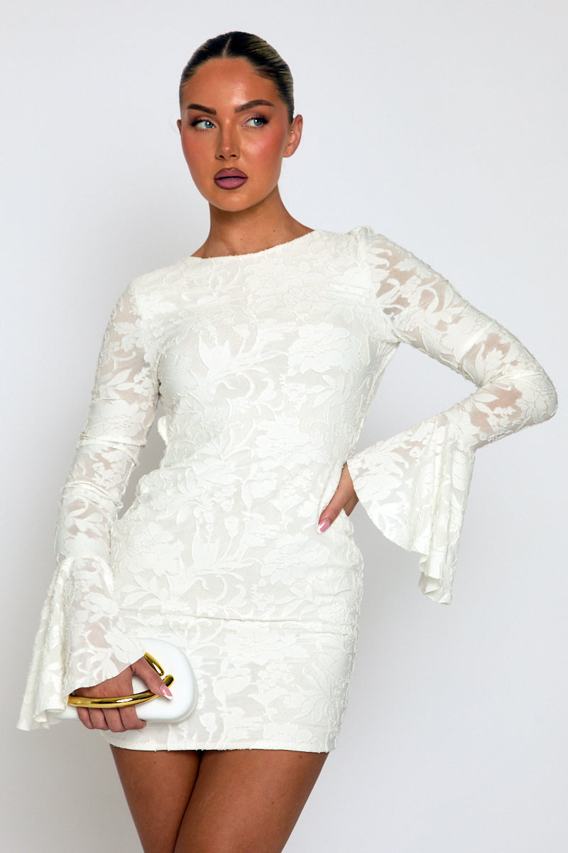 White Burnout Floral Flare Sleeve Mini Dress