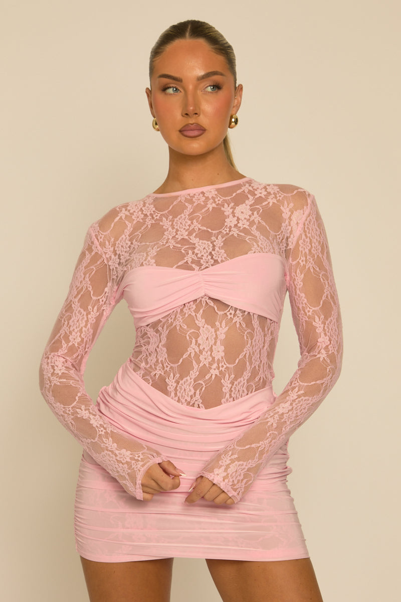 Pink Lace Gathered Bust Mini Dress - Arwen