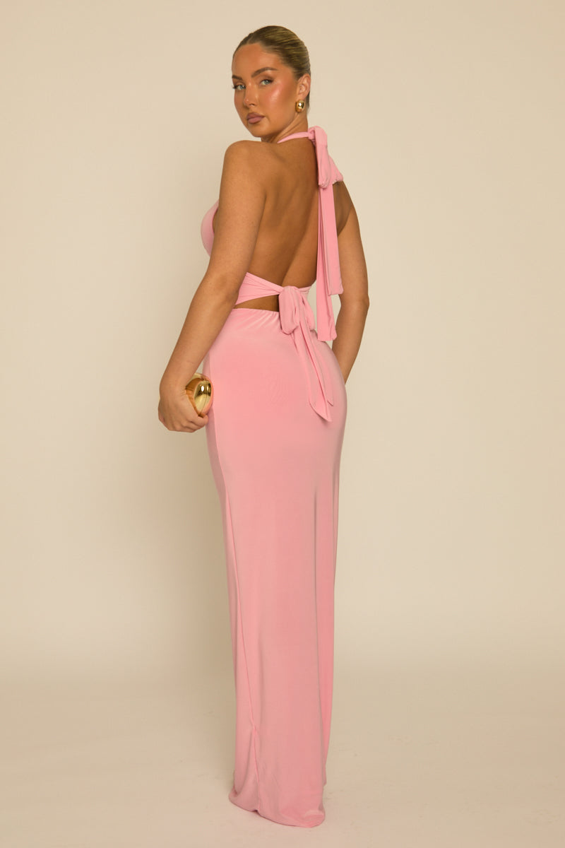 Pink Halterneck Tie Back Maxi Dress