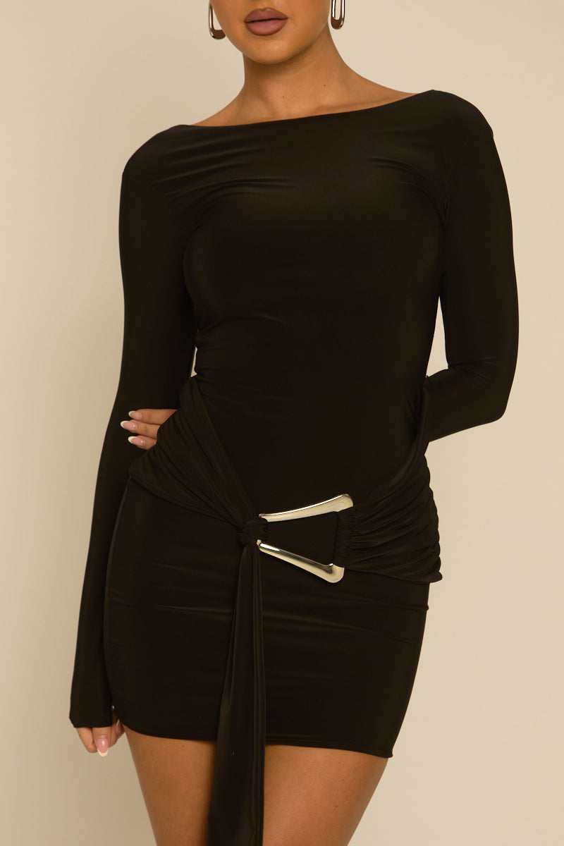 Black Drape Trim Detail Long Sleeve Mini Dress - Shen