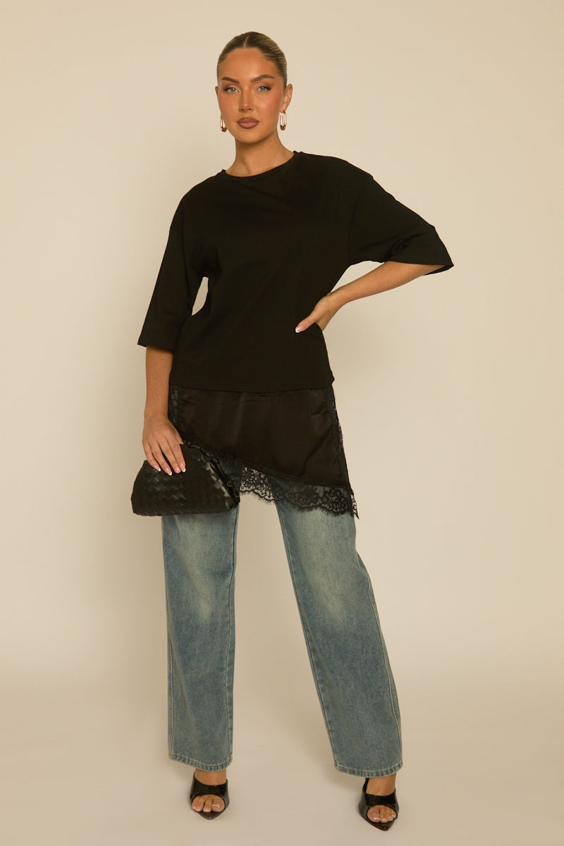 Black Satin Lace Hem Oversized T-shirt - Adara