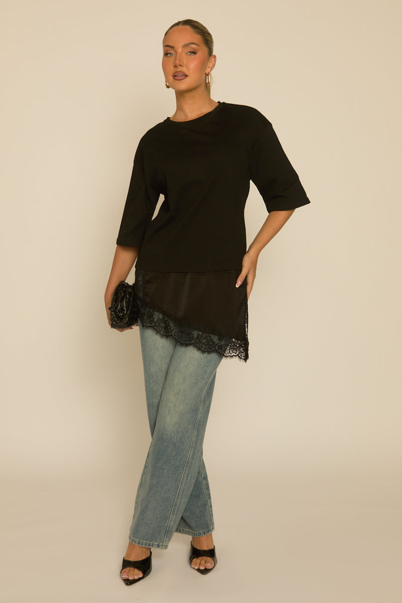 Black Satin Lace Hem Oversized T-shirt - Adara