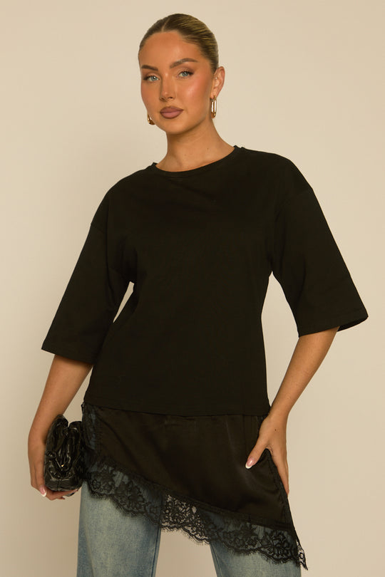 Black Satin Lace Hem Oversized T-shirt - Adara
