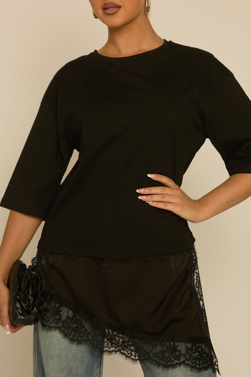 Black Satin Lace Hem Oversized T-shirt - Adara