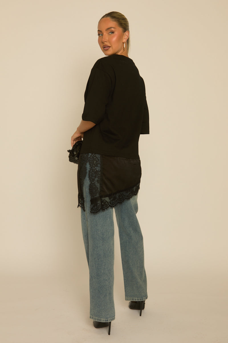 Black Satin Lace Hem Oversized T-shirt - Adara