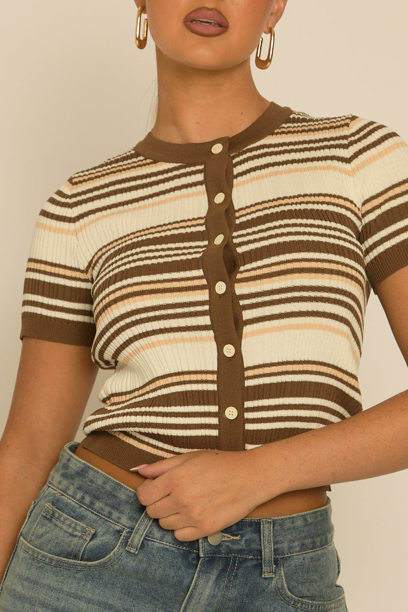 Brown Stripe Rib Knit Button Down Top - Santi