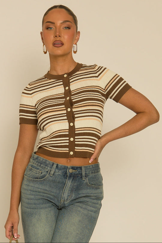 Brown Stripe Rib Knit Button Down Top - Santi