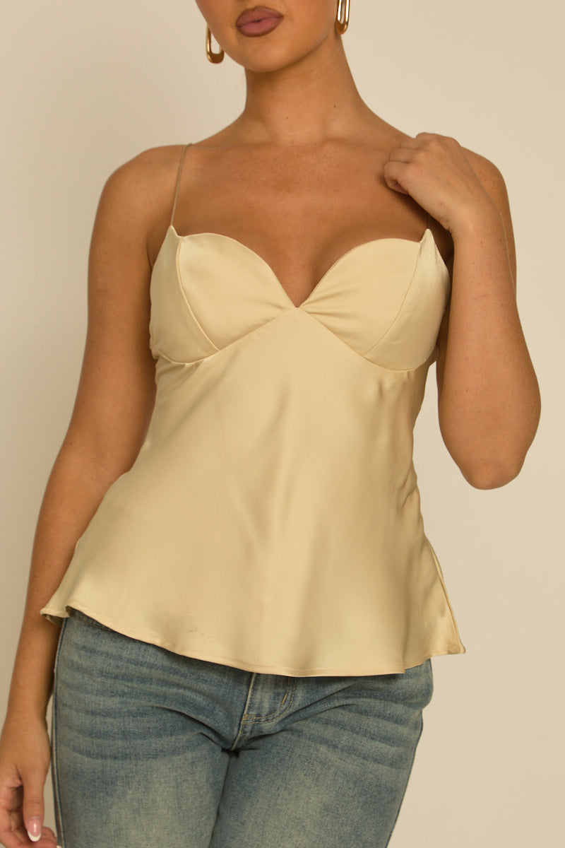 Champagne Satin Sweetheart Neck Cami Top - Serina