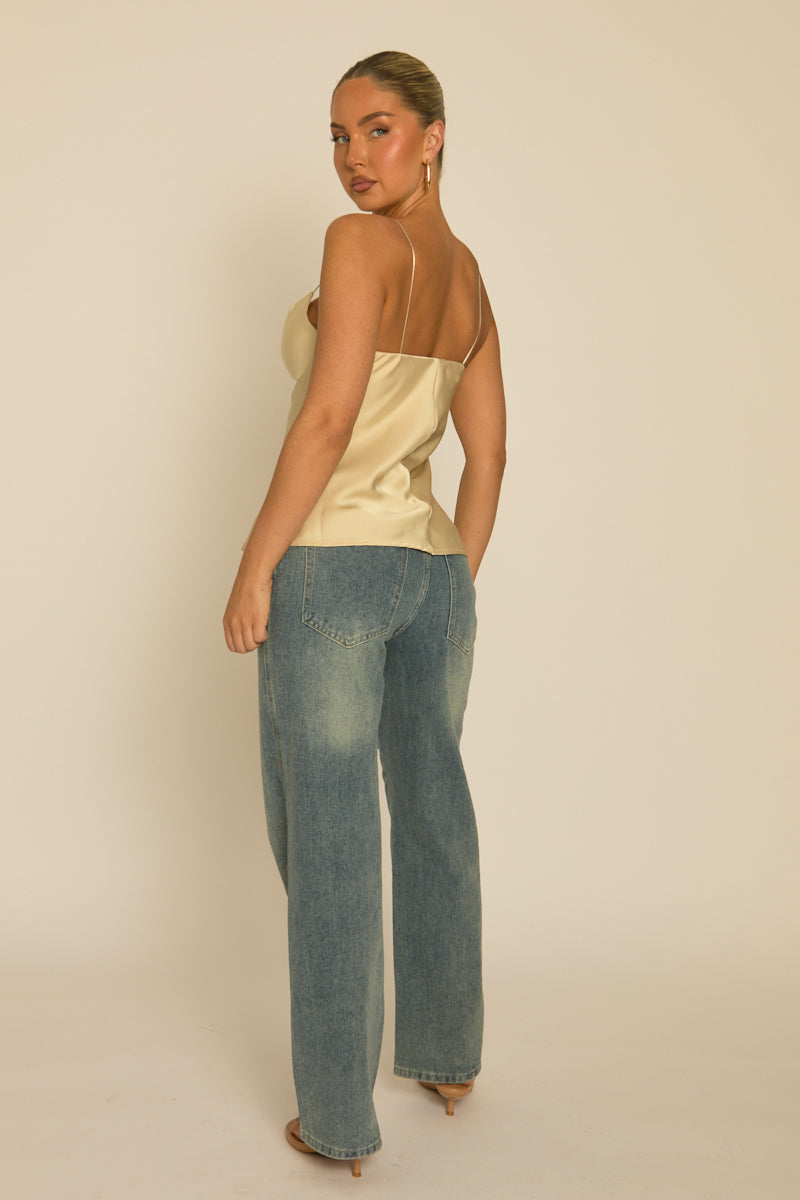 Champagne Satin Sweetheart Neck Cami Top - Serina