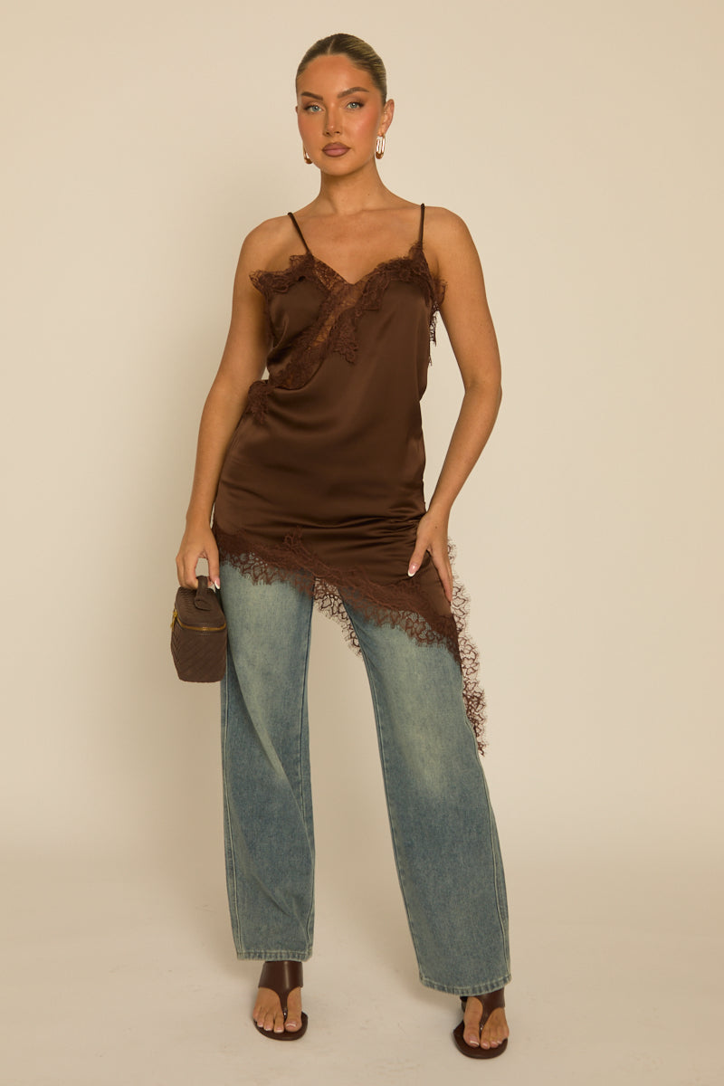 Chocolate Satin Lace Trim Asymmetric Cami Top - Priya